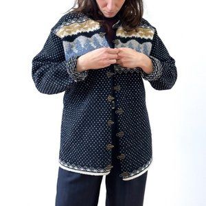 Vintage Point Zero 100% Wool Nordic Fair Isle Navy Blue Grandma Cardigan Large